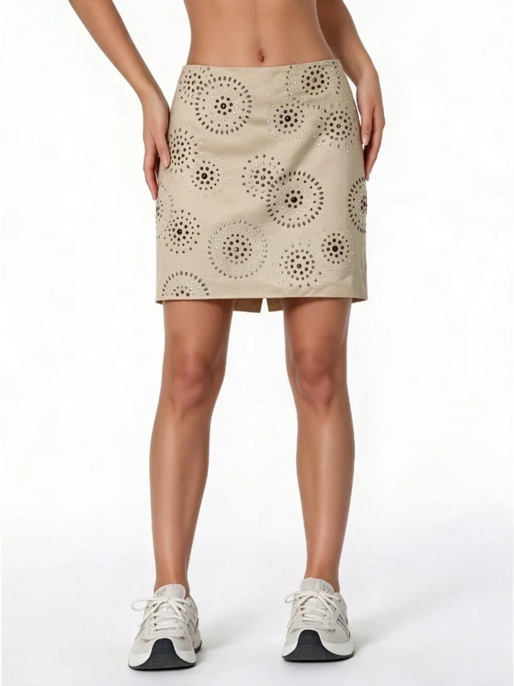 White House Black Market Women's Tan Embezzled Stud Skirt Rhinestone 4 New  $158